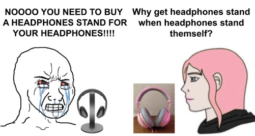 Crying wojak meme crying over headphone stand