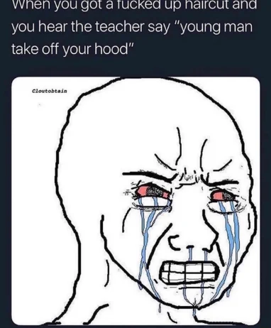 Crying wojak meme sad at bad haircut hood off