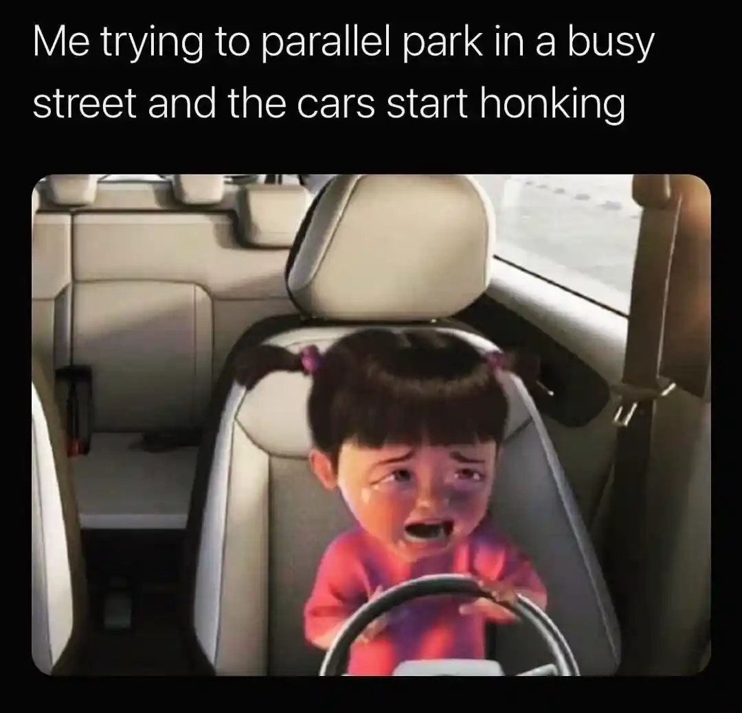 Crying boo meme parallel parking as cars honk