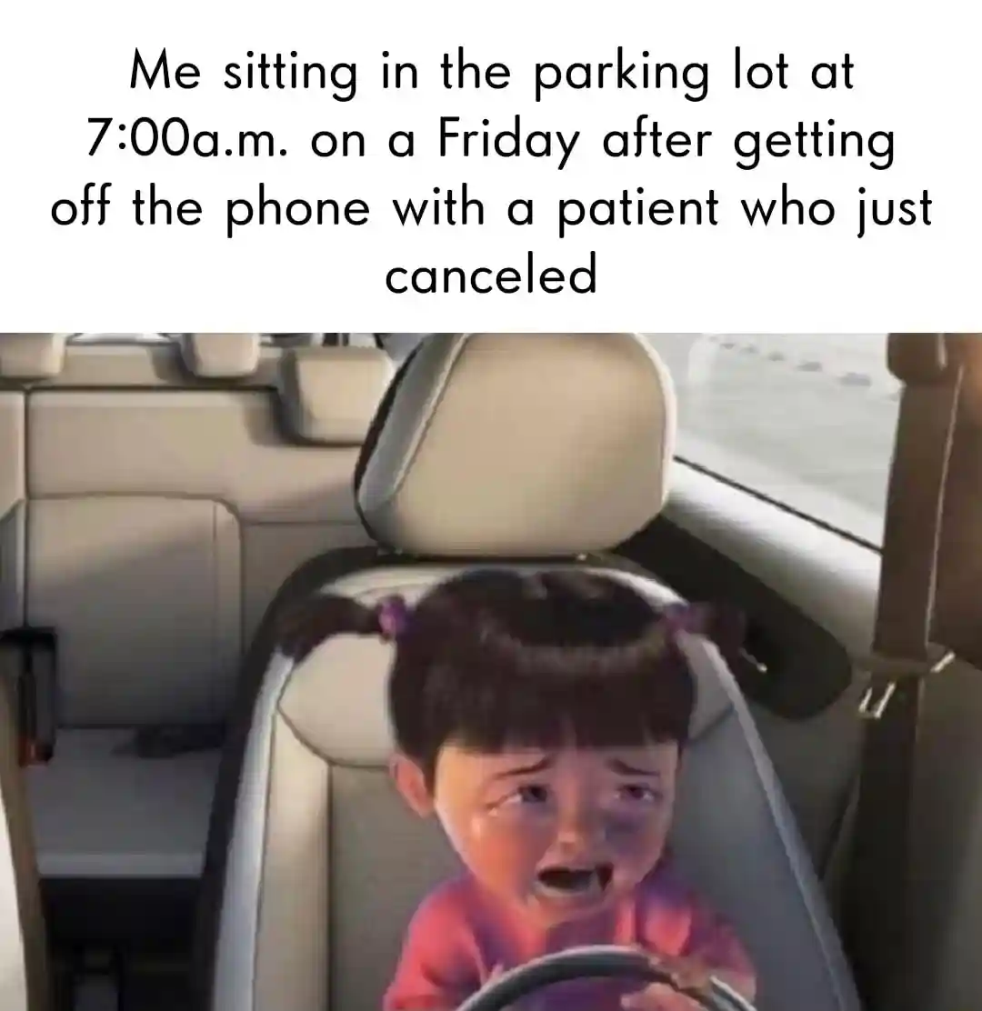 Crying boo meme crying in car after patient canceled