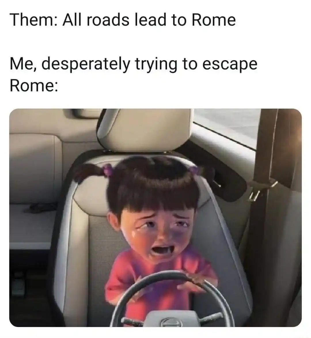 Crying boo meme crying driving away from Rome