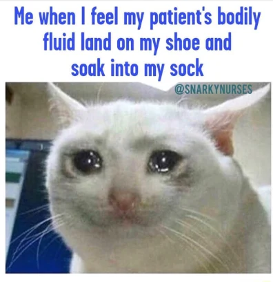 Crying cat meme upset when patient fluid soaks into sock