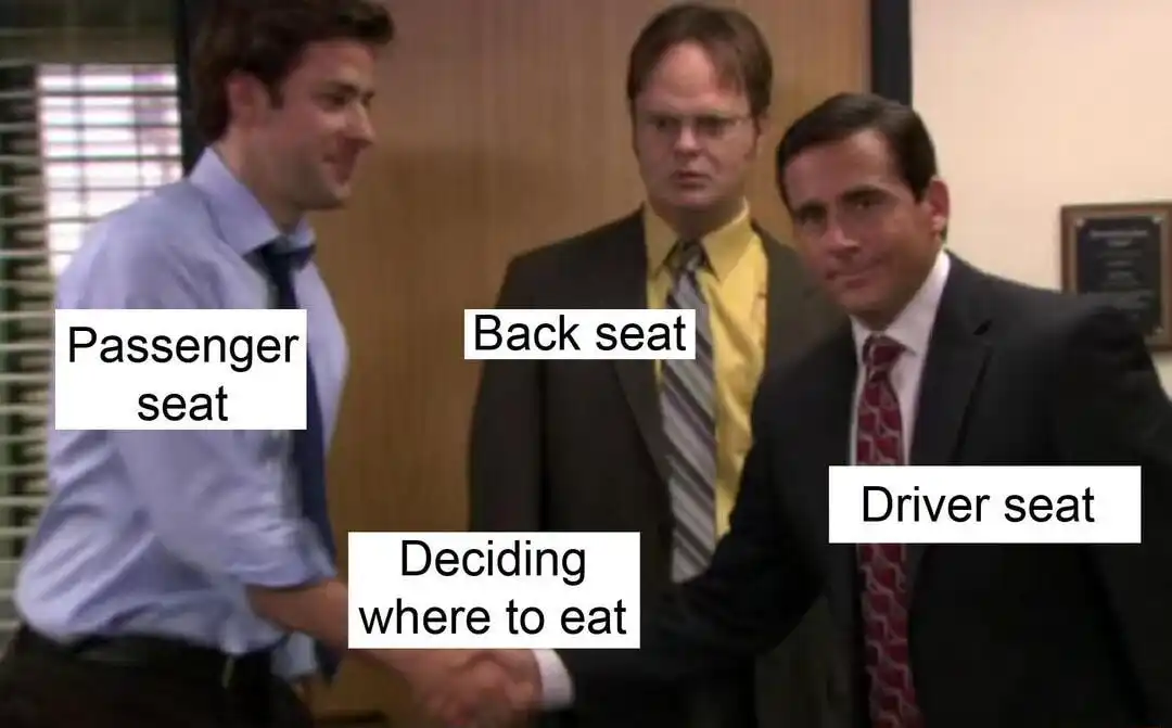 Car seat meme deciding where to eat