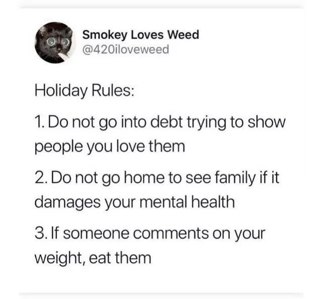 Holiday rules meme three funny holiday tips