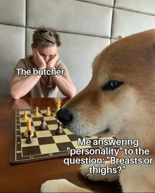 Dog playing chess meme beats puzzled butcher