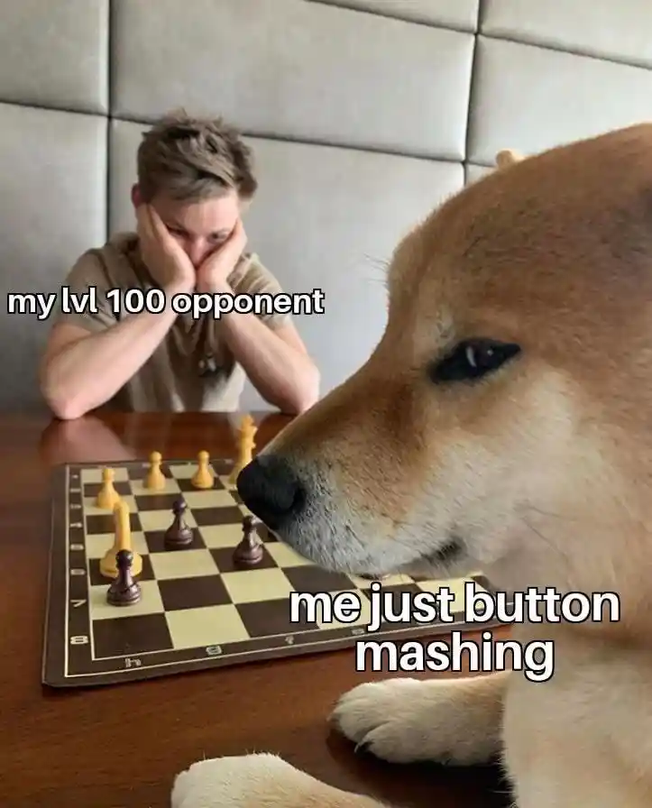 Dog playing chess meme beating lvl 100 rival