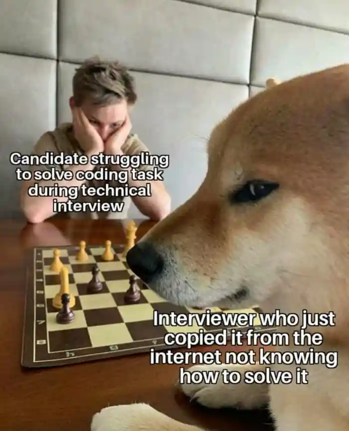Dog playing chess meme tech interview stress