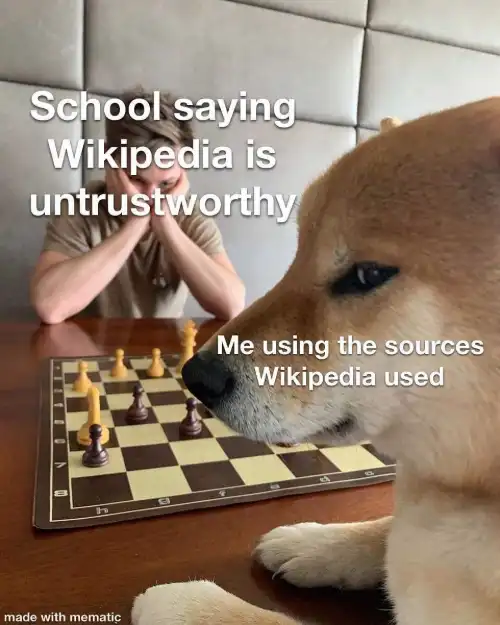 Dog playing chess meme beating school on Wiki