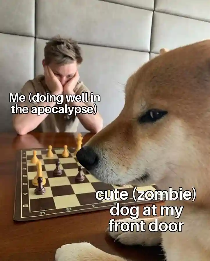 Dog playing chess meme beating man in doomsday