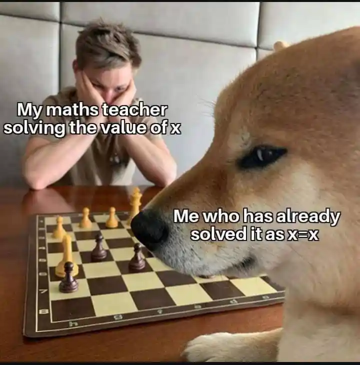 Dog playing chess meme outsmarting confused maths teacher