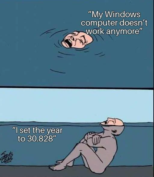 Drowning in shallow water meme panicking over Windows fail