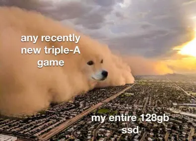 Dust storm dog meme overwhelms 128GB SSD for AAA game