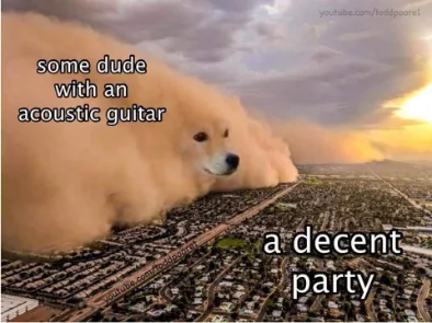 Dust storm dog meme looming over decent party