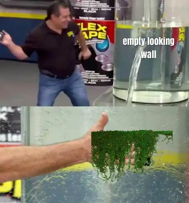 Flex tape meme using moss to seal wall leak