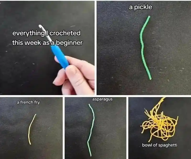 Beginner crochet meme showing silly yarn food items