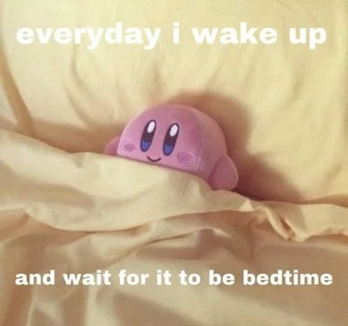 Kirby plush meme waiting for bedtime in bed