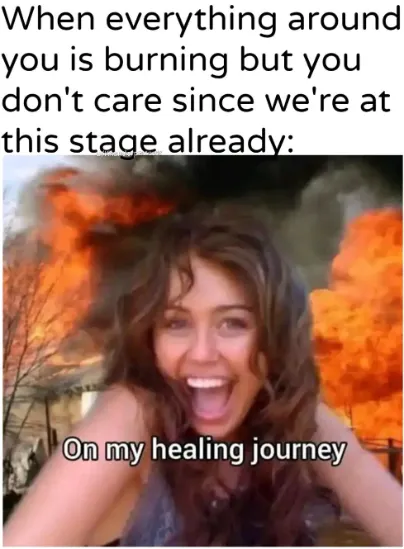 Healing journey meme ignoring burning chaos