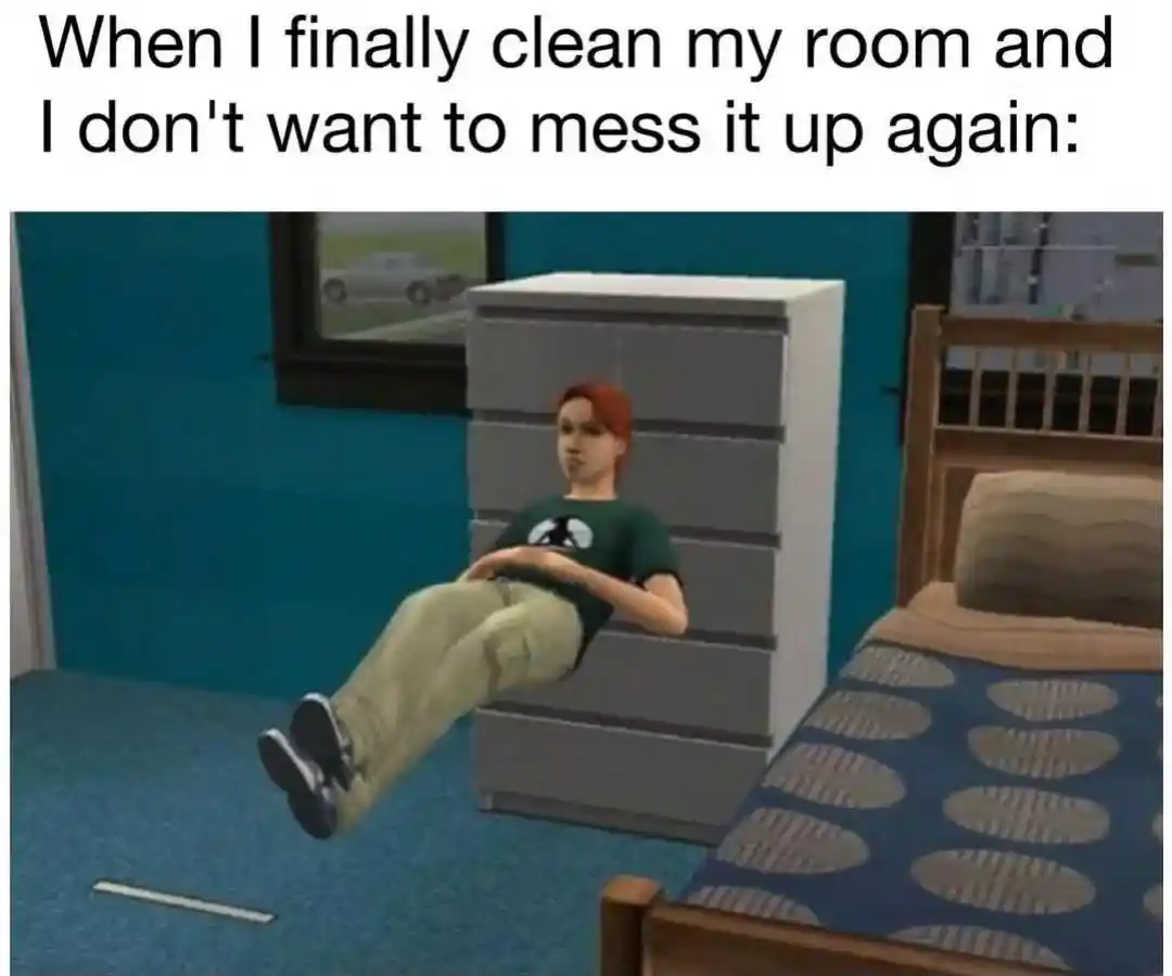 Cleaned room Sims meme floating to avoid mess