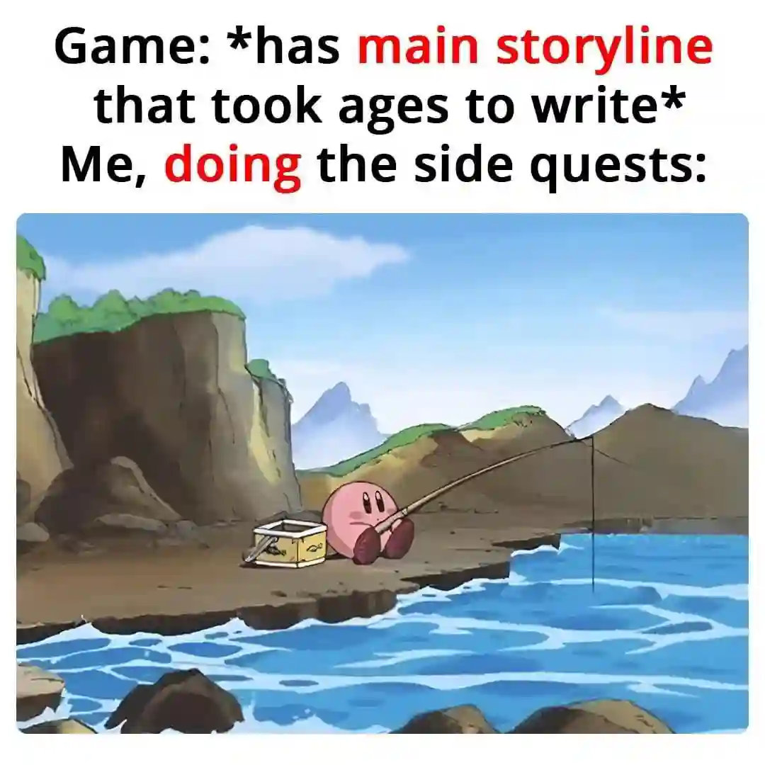 Kirby side quest meme fishing by the shore