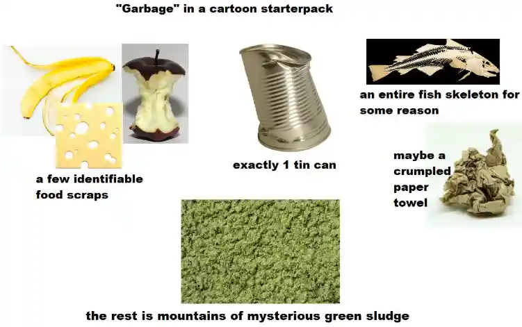 Cartoon garbage starterpack meme shows classic trash tropes