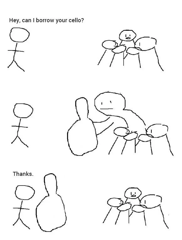 Giant thumb guy meme lends cello calmly
