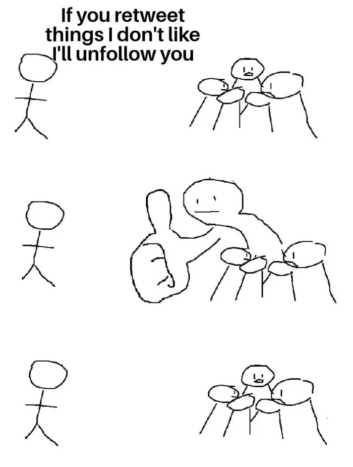 Giant thumb guy meme ignores unfollow