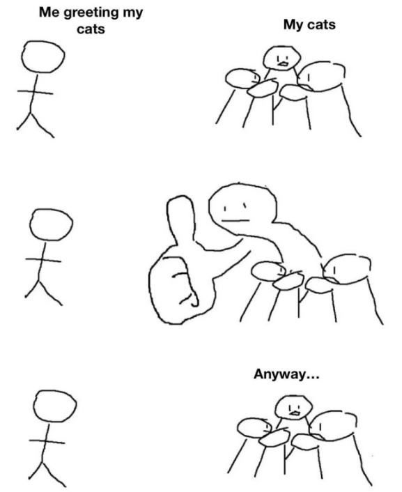 Giant thumb guy meme ignores owner greeting