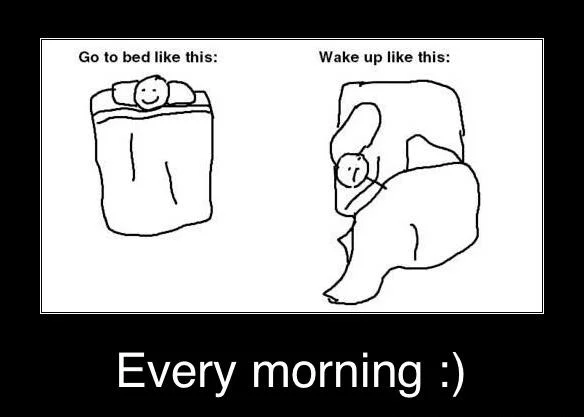 Sleep pose meme waking up tangled in blanket