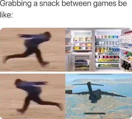 Grabbing snack between games meme sprinting fast to fridge