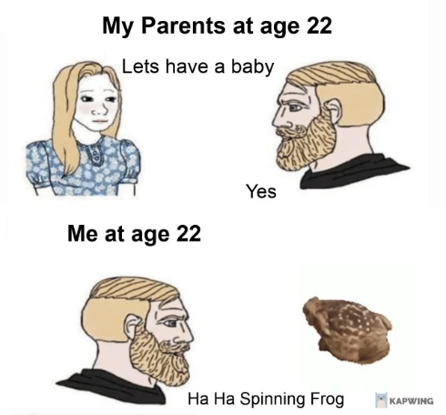 22yo me vs parents meme, silly spinning frog