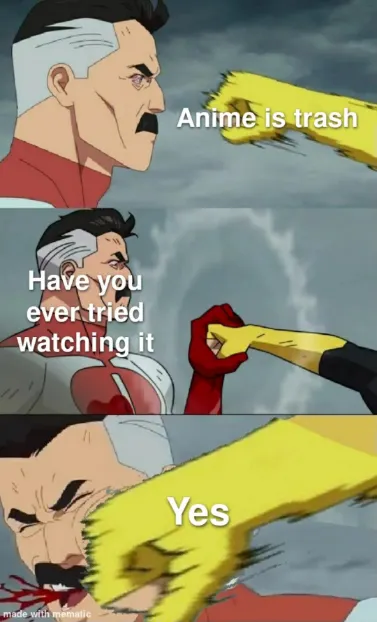 Omni Man anime hater debate meme getting punched in face
