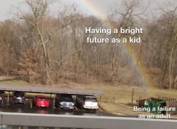 Bright future meme rainbow ends at dumpster
