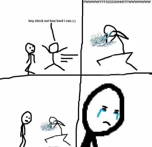 Exaggerated crying meme showing absurd heavy sobbing