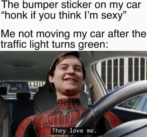 Spider man meme in car waiting for honk