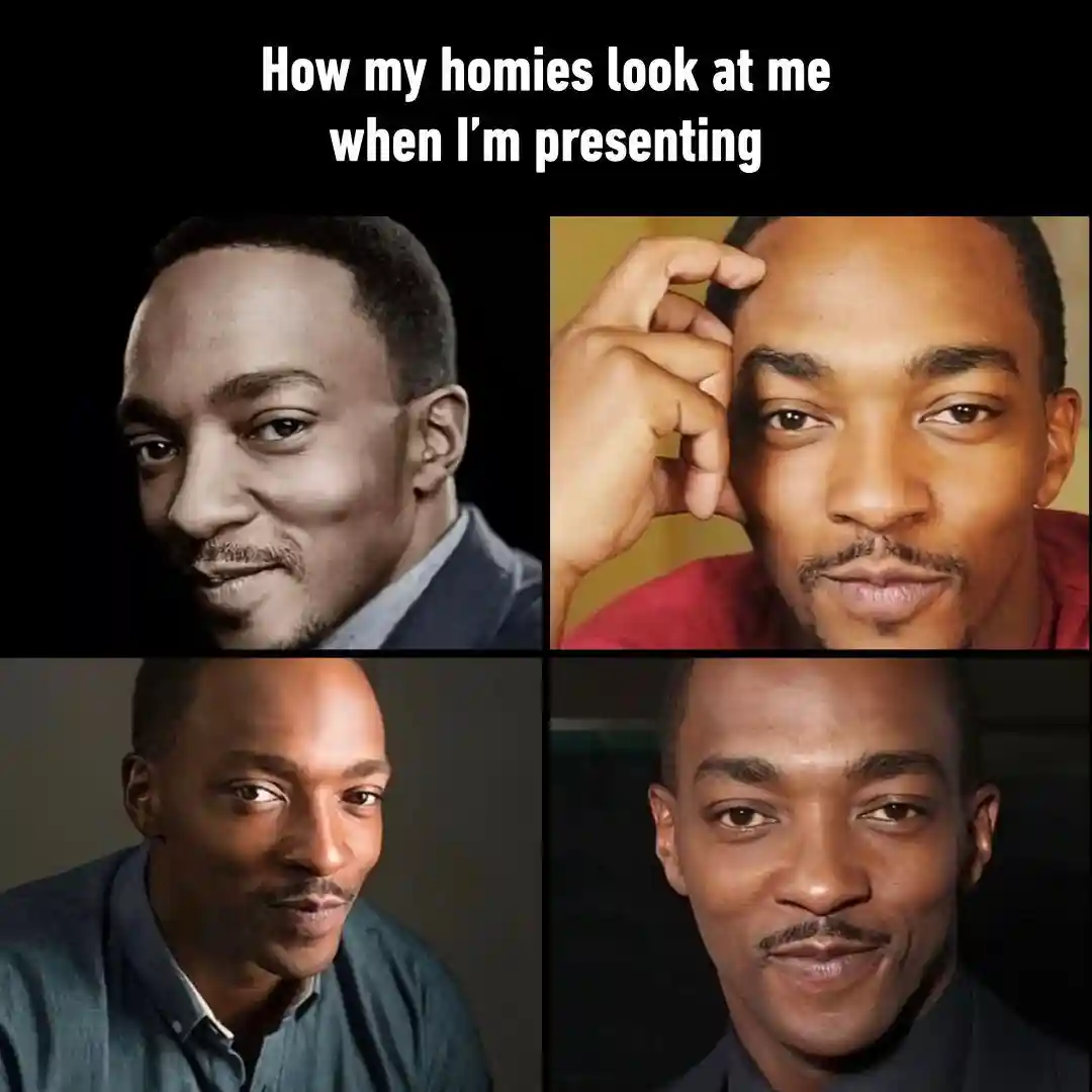 Homies watch you present meme four Anthony mackie judging stares