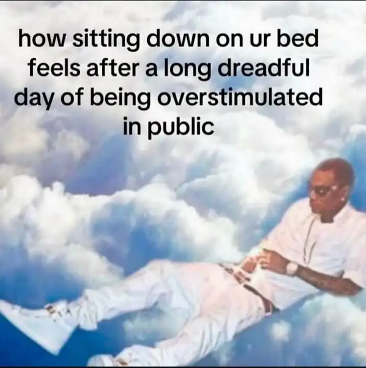Overstimulated bed meme relaxing on cloud