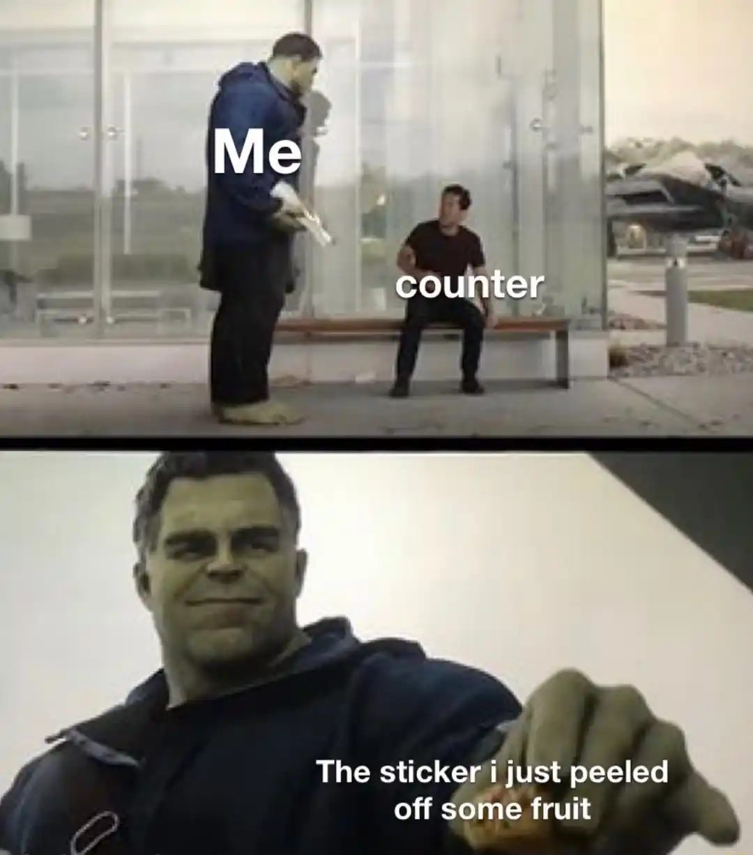 Hulk taco meme gives fruit sticker to counter