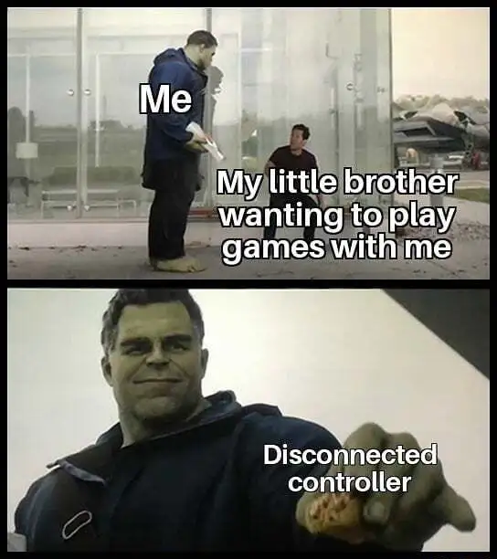 Hulk taco meme giving disconnected controller to little brother