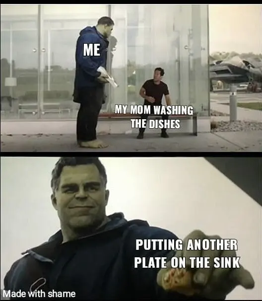 Hulk taco meme giving plate to mom doing dishes