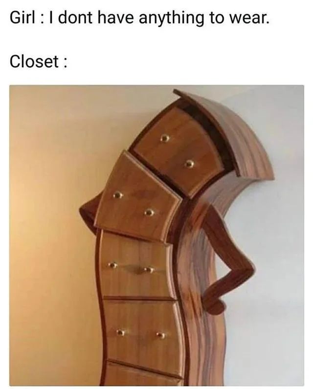 Girl says nothing to wear closet meme hands on hips