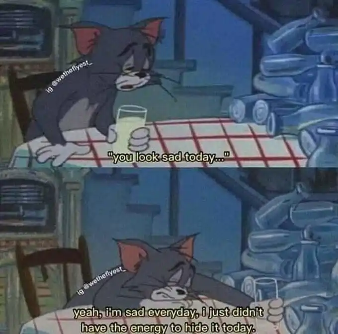 Sad Tom Cat meme sick of hiding daily sadness
