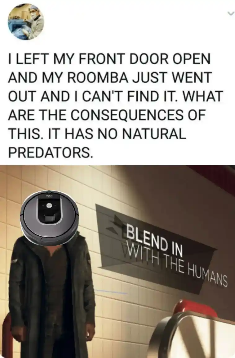 Lost Roomba meme blending in with humans