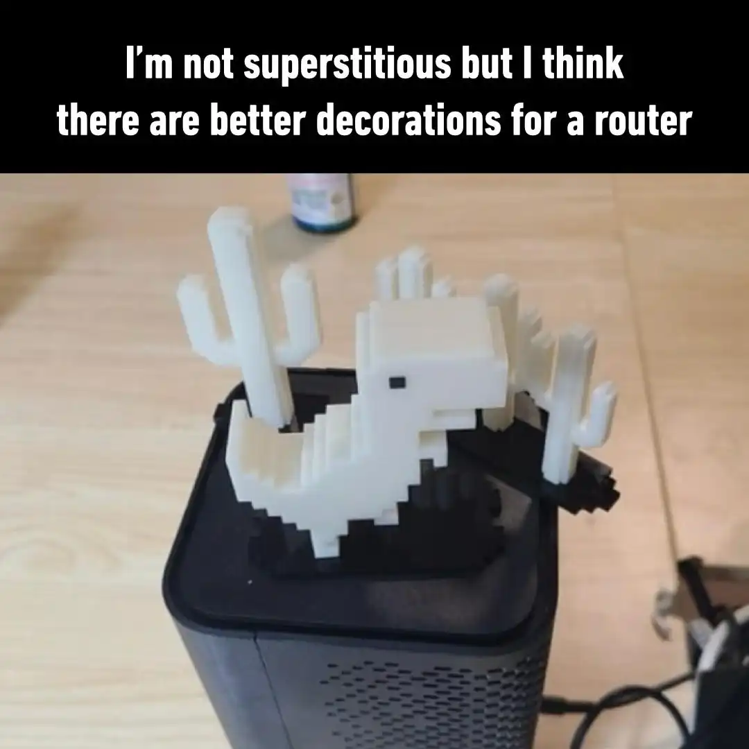 Pixel dinosaur router meme as wifi decoration