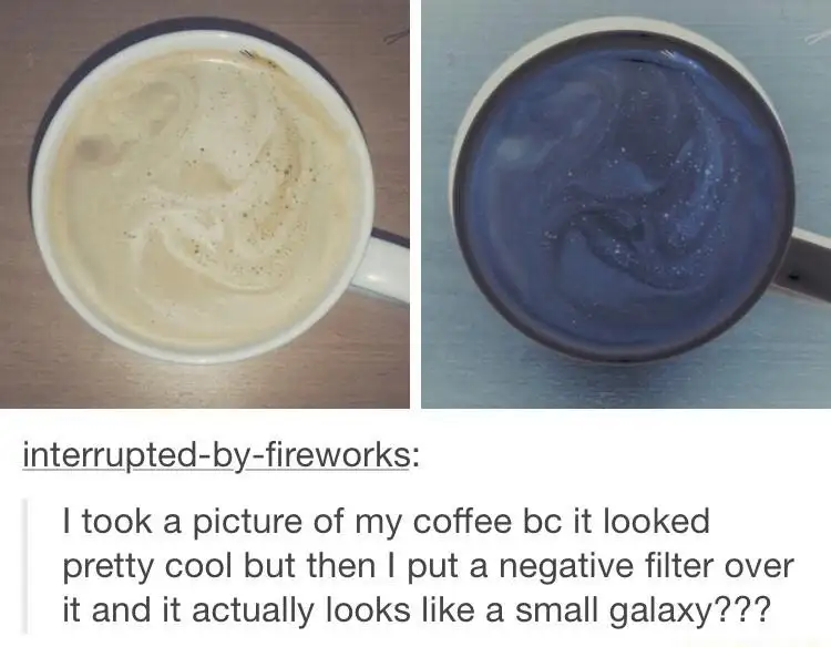 Coffee galaxy meme with negative filter effect