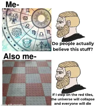 Skeptical zodiac meme has silly floor belief