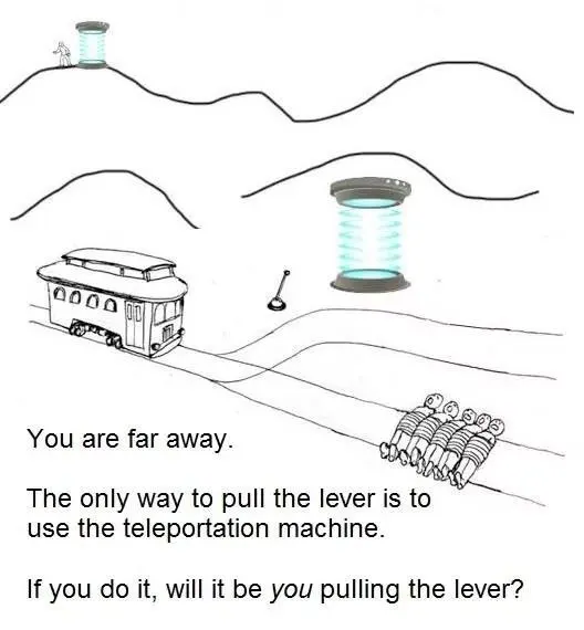 Trolley problem teleportation meme questioning lever pull identity