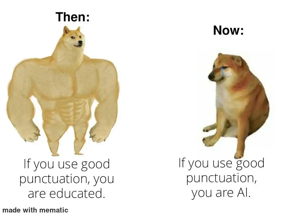 Good Punctuation meme from educated to being called AI sad