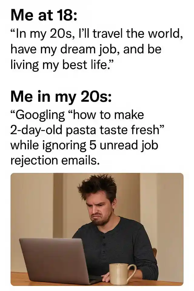 Adult meme googling pasta ignoring job emails
