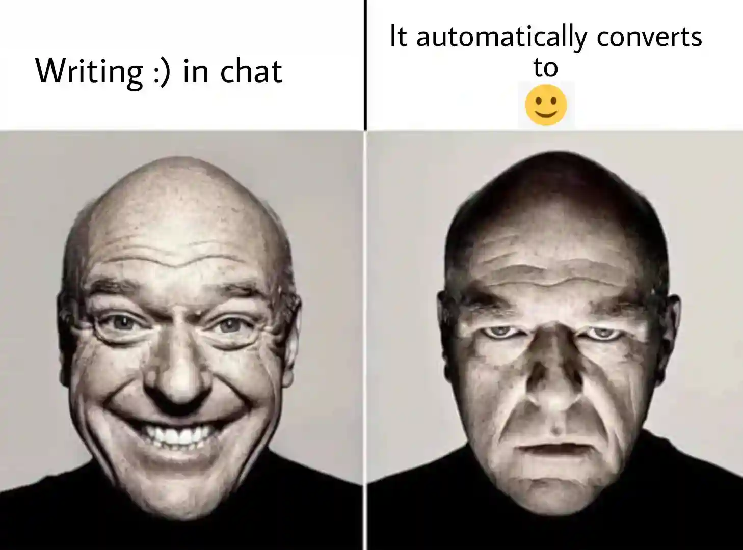 Chat smiley convert meme happy to stern face