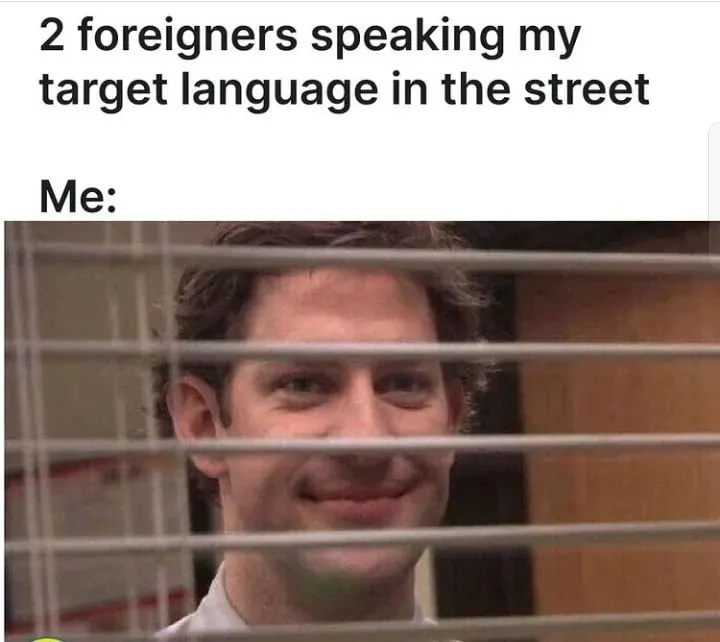 Jim through blinds meme eavesdropping foreign language chat